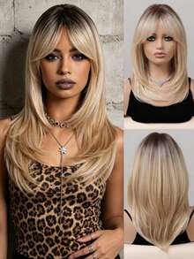 16 Inch Dark Brown Blonde Layered Wig With Bangs, Dark Roots, Synthetic Straight Heat-Resistant Wig For Women Daily Wear And Fashion Party - Multicolor - View 10