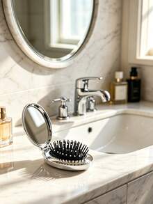 1pc/Mini Portable Foldable 2-In-1 Air Cushion Comb Mirror, Electroplated Metal Shell, Carry Mirror Air Cushion Comb; Luxury Minimalist Style, Silver 26 Letter Star Embossed Oval Shape, Flip Cover Integrated Design, Makeup Touch-Up And Hair Smoothing Dual-Use Makeup Comb, Commuting, Business Trip, Travel, Gift, Daily Use - Portable Cushion Brush With Mirror - View 6