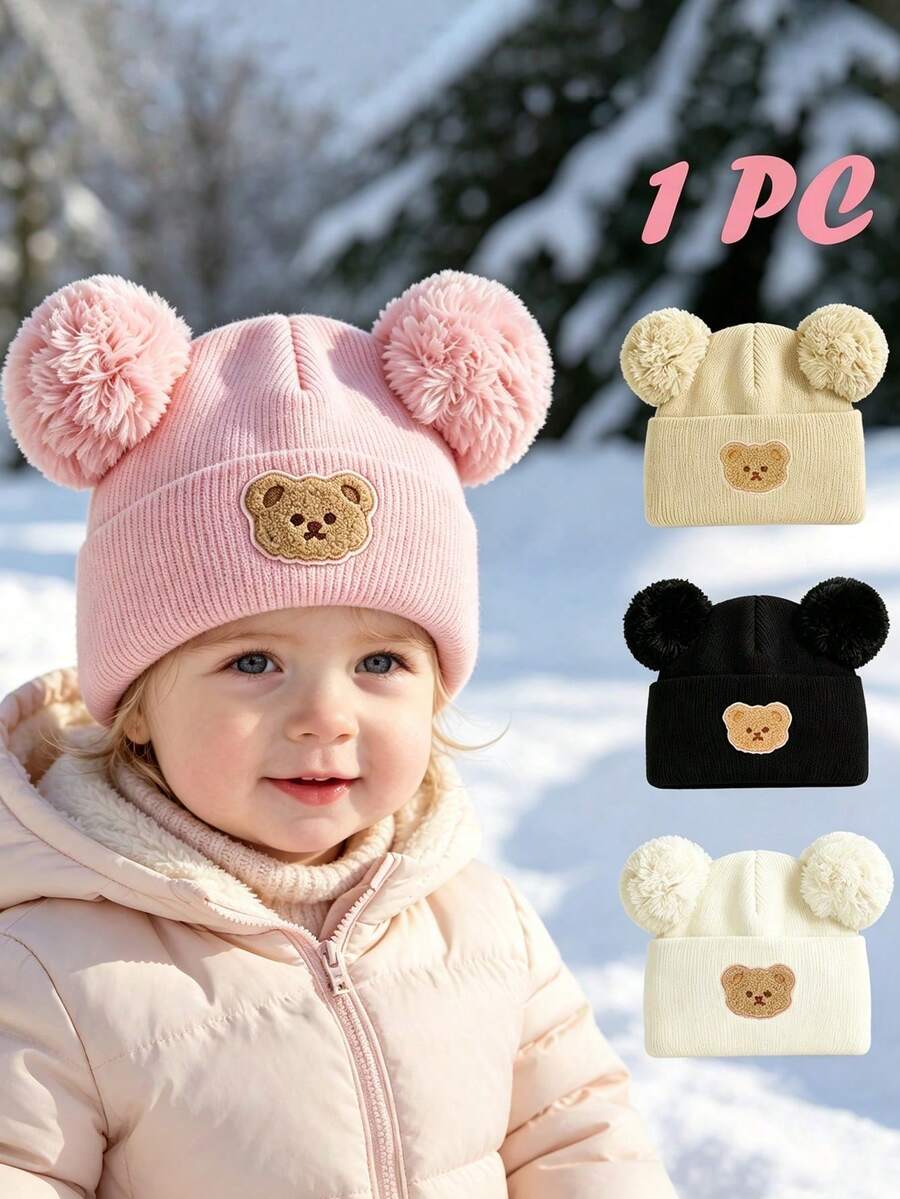 2pcs Children's Fuzzy Bear Double Ball Hat, Winter Warm Knitted Hat For ...