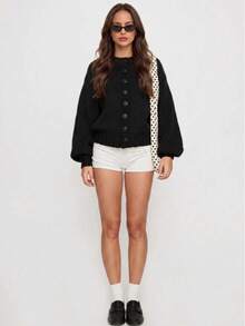 Slouchy Round Neck Single-Breasted Loose Drop Shoulder Knit Cardigan Women Casual Solid Color Long Sleeve Chunky Yarn Sweater Jacket - Black - View 4