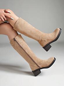 Fall/Winter New Mid-Heel Knee-High Riding Boots, Minimalist & Versatile Design For Women - Khaki - View 6