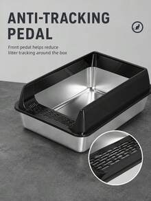 1pc Large Capacity High-Wall Thickened Semi-Enclosed Open-Entry Anti-Splash Anti-Tracking Cat Litter Box, Stainless Steel Inner Basin With Plastic Guard, Minimalist Modern Cream White And Silver Metal Base, Rectangular Rounded Corner High-Side Structure, Front Sand-Catching Pedal, Fine Sifting Holes, Stable Base, Smooth Inner Walls, Wear-Resistant Durable Rust-Proof Easy-Clean Detachable Washable, Reduces Litter Scatter And Tracking, Easy Access Large Space Cat Toilet - Multicolor - View 4