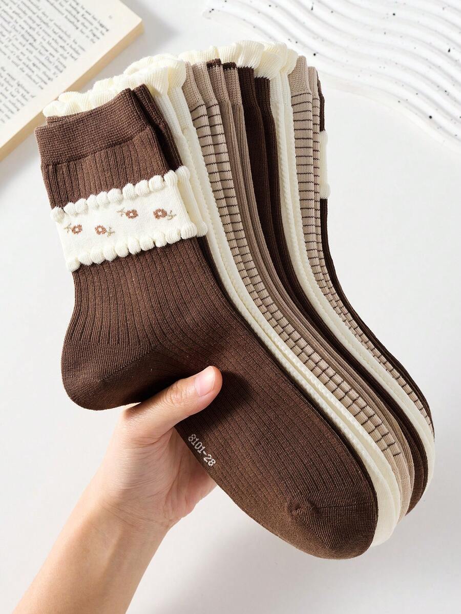 5 Pasang Kaos Kaki Wanita Motif Bunga dan Desain Renda Cantik Warna Kopi, Panjang Setengah Betis, Musim Gugur/Dingin, Anti Selip, Nyaman, dan Lembut - Coffee Brown - View 1