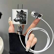 3PCS Fierce Animal Series Wolf Head Pattern Compatible With IPhone 18W/20W Charger Protective Case TPU Soft Shell Protective Cover Apple Type-C Interface Cable Protector Anti-Break - Multi-color Wolf Head - View 1