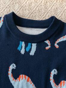 Boys Casual Cartoon Dinosaur Jacquard Crew Neck Long Sleeve Knit Sweater Pullover With Color Block Pattern, Simple Versatile For Daily Casual School Wear, Spring Autumn Winter - Navy Blue - View 3