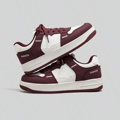 Zapatillas deportivas casuales para mujer, nuevo estilo para todas las estaciones, color bloque burdeos & blanco, suela gruesa plataforma, zapatillas con cordones, zapatos de tabla, adecuados para el desplazamiento diario, caminatas por la ciudad, compras, viajes, ocio, reuniones, paseos al aire libre, zapatos casuales retro para mujer