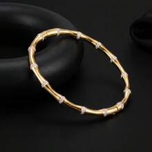 2pcs Elegant 18K Gold Plated White Diamond Bamboo Knot Bracelet & Earrings Jewelry Set, Suitable For Women's Daily Wear, Party And Banquet, Exquisite Gift - Gold - View 3