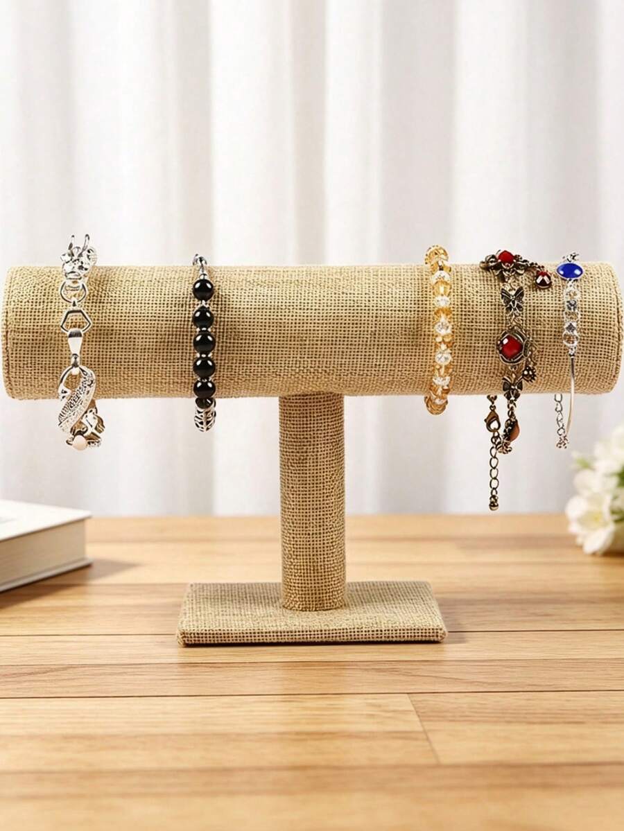 1pc Elegant Faux Linen T-Shaped Bracelet Display Stand - Desktop Jewelry Rack, Multi-Functional Desktop Accessory Storage Rack, Sturdy Plastic Base, Perfect For Necklace, Bracelet And Watch Storage. - Yellow - View 1