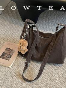 low tea 1pc Crescent Moon Shaped PU Leather Shoulder Bag, Suitable For Commuting, Shopping, Etc. (With Pendant) - Coffee - View 5