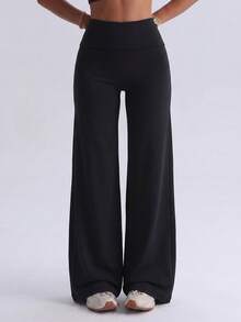 Women's Y2K Folded Waist Low-Rise Flare Pants, Elastic Soft Solid Color Bootcut Long Pants, Casual Home Streetwear Bottoms - Black - View 8