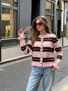 Joy Knit 女款秋冬針織開襟衫 時尚新款 基礎上衣 優雅條紋休閒極簡風 多鈕扣袖口下擺荷葉邊圓領 適合辦公穿搭 外出上衣 派對 新年 生日 海灘 節慶 - 粉紅棕 - 查看 3