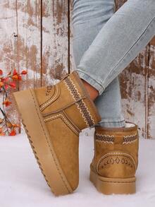 Women's Solid Color Faux Suede Thick Sole Short Snow Boots, Geometric Embroidered Collar With Contrast Stitching Detail - Khaki - View 6