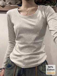 2件組女款純色長袖T恤，圓領修身內搭衫，灰色+白色百搭休閒上衣 - 花灰色+白色 - 查看 2