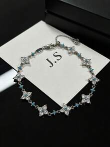 1pc Elegant Clover Charm Bracelet For Women, Turquoise Inlaid Cubic Zirconia Stainless Steel Adjustable Hand Jewelry For Daily Party Wear - Multicolor - View 4