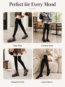 1 Pair Women's Solid Black Over-The-Knee Socks, Soft Stretch Knit Thigh High Socks With Ribbed Cuff For Daily Wear - Black - View 2