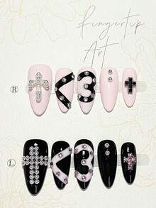 10pcs Pink & Black Cross & Number 3 Press-On Nails, Rhinestone & Stud Decor Fake Nails, Almond Shape Gothic Punk Nail Art Tips, Nail Supplies (1pc Jelly Glue + 1pc Nail File) Handmade Press On Nails - Multicolor - View 4