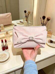 Dior Pink Bow Luxury Makeup Bag, Metal Buckle Fabric Cosmetic Organizer - Pink Bow Makeup Bag - View 2