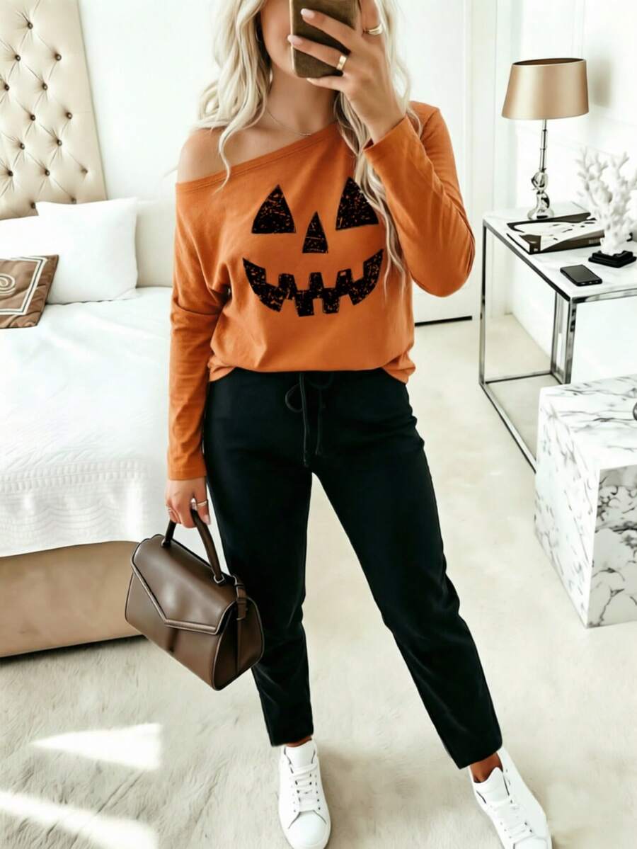 Casual Halloween Print Long Sleeve T-Shirt And Pants 2 Pieces Set - Orange - View 1