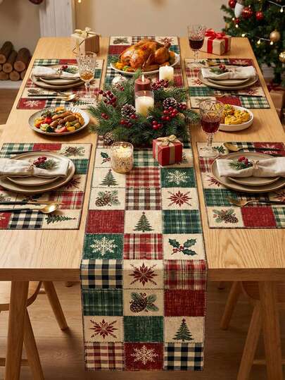 Weihnachts Vintage Patchwork Karomuster Tischläufer & Platzset Set, Weihnachtsbaum Schneeflocke Kiefernzapfen Stechpalmen Muster Polyester Tischdekoration, Rot & Grün Karomuster Feiertags Heimdekoration, Waschbar & Wiederverwendbar, Mehrere Größen Erhältlich