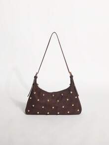 1pc Brown Textured Velvet Crescent Bag With Rivet Embellishment, Baguette Underarm Shoulder Bag For Women, Suitable For Commuting, Dating And Shopping - Coffee - View 9