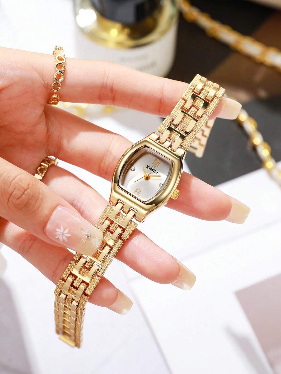 LIANDU 1pc Fashion Women's Quartz Wristwatch, Vintage Barrel Gold Chain Bracelet Quartz Watch, White Sunray Dial With Rhinestone Decoration, Slim Metal Wristwatch With Alloy Steel Band, British Vintage Style, Niche Luxury Fashion Quartz Watch, Suitable For Various Occasions Like Festivals, Parties, Weddings, Back To School, Christmas, Thanksgiving, Halloween, Easter, Perfect Gift For Women
