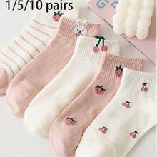 1/5/10 Pairs Cute Strawberry & Rabbit Socks, Simple Breathable Low-Cut Short Socks For Women, Fashion Casual Outdoor - Multicolor - View 1