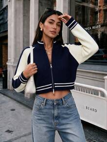 2026 Women's Autumn/Winter New College Style Colorblock Double Zipper Stand Collar Knit Cardigan, Raglan Sleeve Short Sweater Jacket, Street Casual Outing Top - Blue and White - View 9