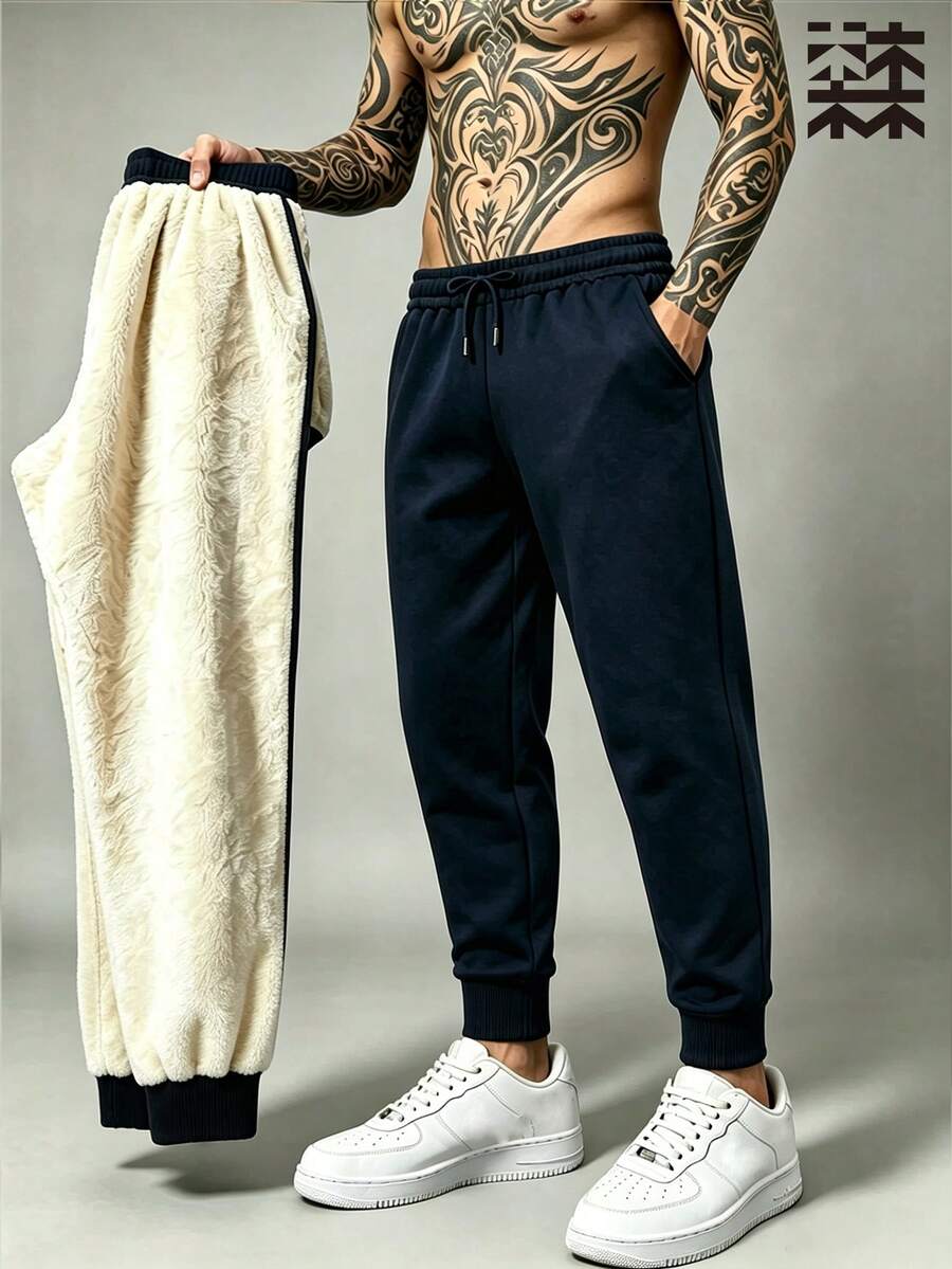 mulinsen Men's Solid Color Fleece Lined Drawstring Joggers, Warm Elastic Cuffed Pocket Sweatpants, Winter Casual Long Pants - Blue - View 1