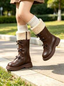 Girls' Brown Plush Fold-Over Bow High-Top Boots | Side Zipper Thick Sole Anti-Slip Thermal Lined Warm Boots For Autumn/Winter - Brown - View 9