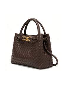 Handmade Woven Texture Handbag With Metal Rope Knot Buckle Decoration, Dual-Use Tote And Crossbody Bag For Makeup, Phone And Personal Items, Rope Buckle Closure, Light Luxury Vintage Style, Small Tote Bag For Women, Suitable For Dating, Commuting, Party And Travel - Coffee - View 3