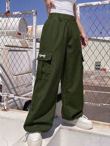 1pc Tween Girls Casual Butterfly Print Comfortable Utility Pants With Large Pockets, Minimalist & Versatile - Army Green - View 11