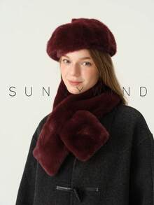 1 Set Women's Solid Color Sweet Elegant Versatile Faux Fur Beret Hat And Scarf Set, Warm For Autumn/Winter, Suitable For Daily Wear - Burgundy - View 8