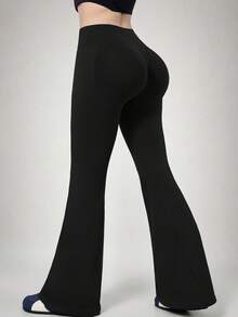 NcmRyu Women's 1pc Colorblock Fold-Over High Waist Running Gym Yoga Pants With Flared Leg - Black - View 5
