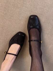 女款通勤磨砂皮革極簡一腳蹬樂福鞋，法式低鞋面方頭復古粗跟奶奶鞋 - 黑色 - 查看 4