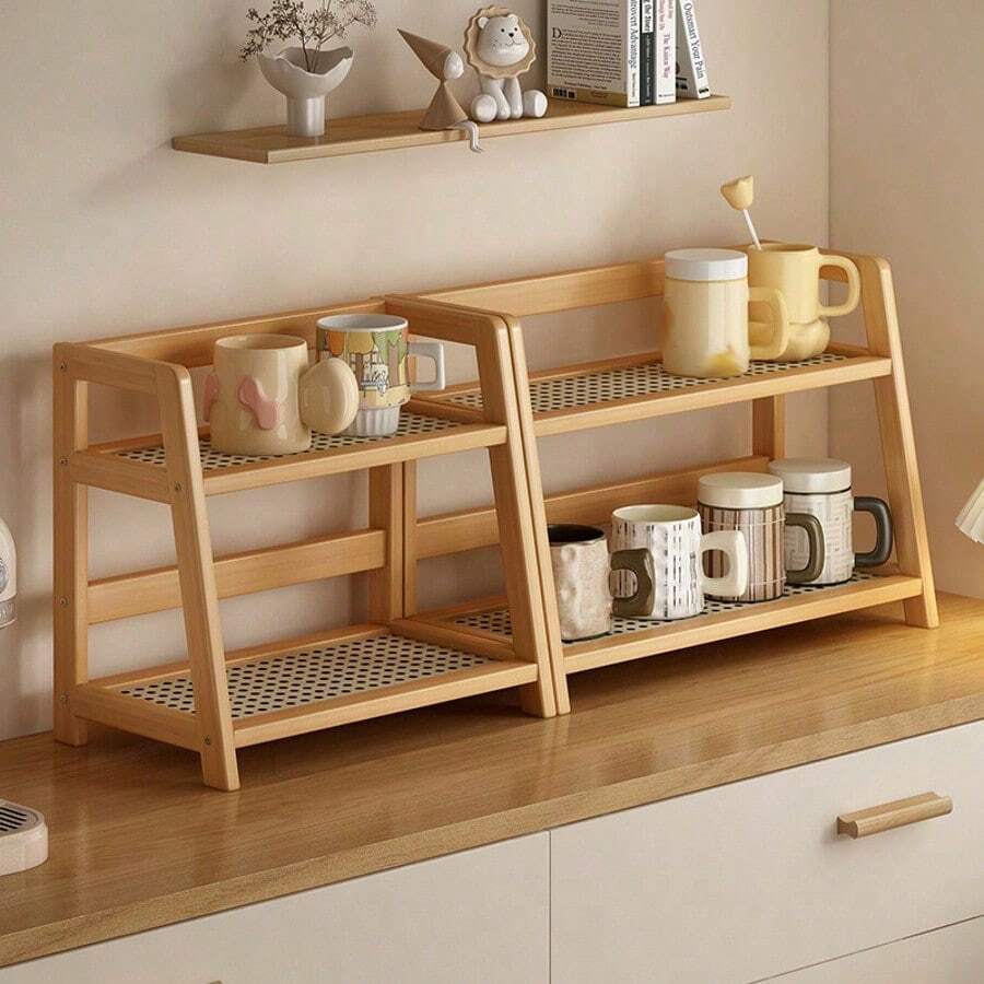 Bamboo Double-Layer Storage Rack, Teacup And Coffee Cup Holder, Seasoning Storage Rack, Flower Stand And Bookshelf, Suitable For Kitchens, Offices And Other Places, Fast Drainage And Ventilation, Moisture-Proof And Mildew-Proof