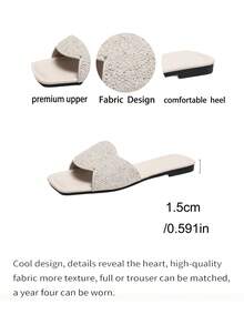 Women's New Solid Color Square Toe Flat Slide Sandals, Sparkling Rhinestone Upper, Fashionable Elegant Versatile, Suitable For Summer Outings, Weddings, Dates, Parties, Beach, Vacation - Beige - View 8