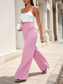 Calça feminina rosa de poliéster com modelagem flare e bolsos, comprimento longo e elasticidade média, ideal para um look estiloso. - Rosa chiclete - Visão 7