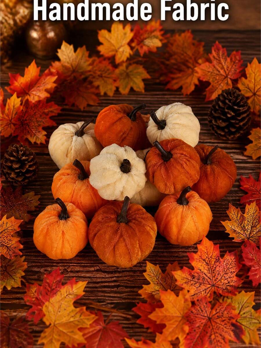 Mini Flannel Covered Artificial Pumpkin Set, 5cm Small Foam Pumpkin With Hanging Rope, Thanksgiving Halloween Autumn Harvest Desktop Home Party Holiday Decoration - Multiple Styles - View 1