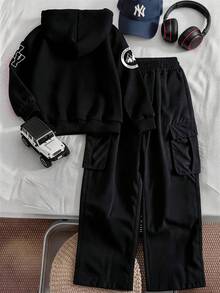 Boys And Teens, Black Hoodie And Black Cargo Pants Two Pieces Set; Creative Letter Print Pullover, Simple Casual Style Long Sleeve Long Pants Set For Boys - Black - View 4