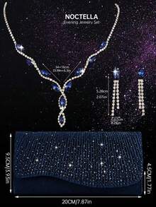 Noctella Shiny Rhinestone Women's Envelope Clutch Evening Bag, Luxury Women's Party Shoulder Bag Ball Bag, Paired With Shiny Rhinestone Pendant 2 Pieces Set, Rhinestone Pendant Necklace, Earrings, Suitable For Party, Gathering, Evening Banquet, Ball - Navy Blue - View 3