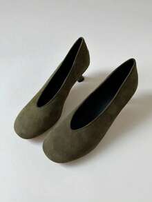 Women's 2025 New Chunky Heel Pumps V-Cut High Heels Square Toe Retro Granny Shoes Spring Witch Shoes - Army Green - View 4