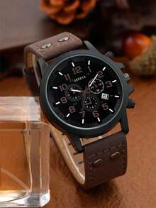 3/5PCS Men's Business Casual Watch Gift Set, Calendar Watch + Keychain + Pen + Brown Glasses + Embossed Wallet, Perfect Gift For Daily Wear And Gifting - Mouldless - View 6