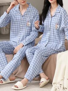 2pcs/Set Men's Pajamas Homewear Set, Lapel Cardigan Couple Style Fashion Long Sleeve Long Pants, Easy Care Fabric - Blue - View 1