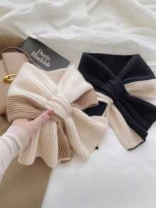 1pc Women Soft Ribbed Knit Bow Scarf, Contrast Color Patchwork Twisted Design Warm Neck Warmer, Suitable For Daily Outings And Commuting, Elegant Minimalist Style Autumn/Winter Neck Accessory - Multicolor - View 1
