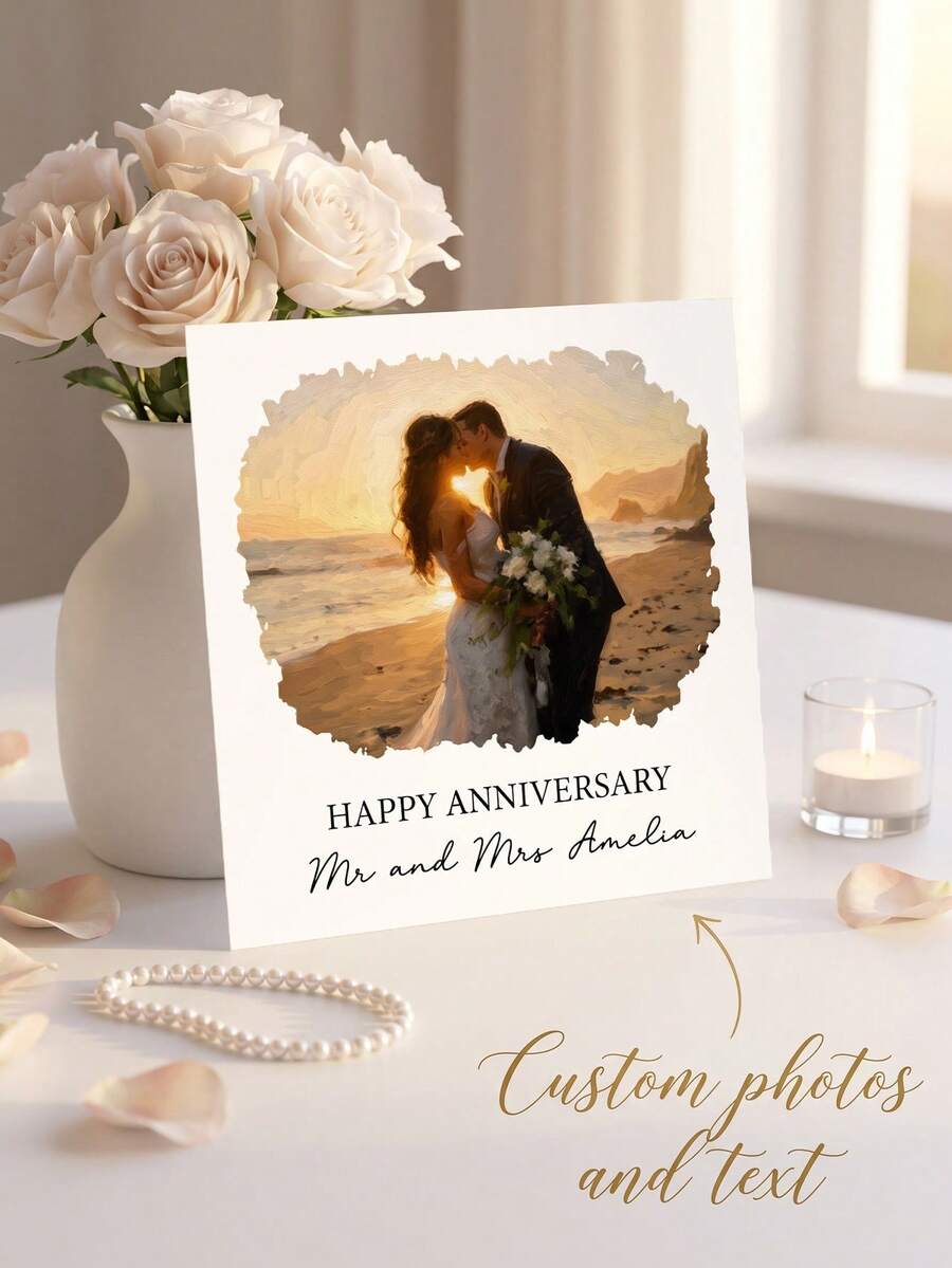 1/3pcs Custom Photo And Text Anniversary Greeting Card, Personalized Oil‑Painting Style Picture Card, Happy Anniversary Keepsake Card For Couple - Multicolor - View 1