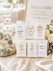 5/10/25pc Custom Wedding Tissue Labels Sticker, Personalized Happy Tears Stickers With Names And Date, Elegant Floral Bow Laurel And Gold Designs For Ceremony Favors, Bridal Shower Decor, Reception Welcome Table, Memorial Tears Of Joy Keepsake Labels - Multicolor - View 8