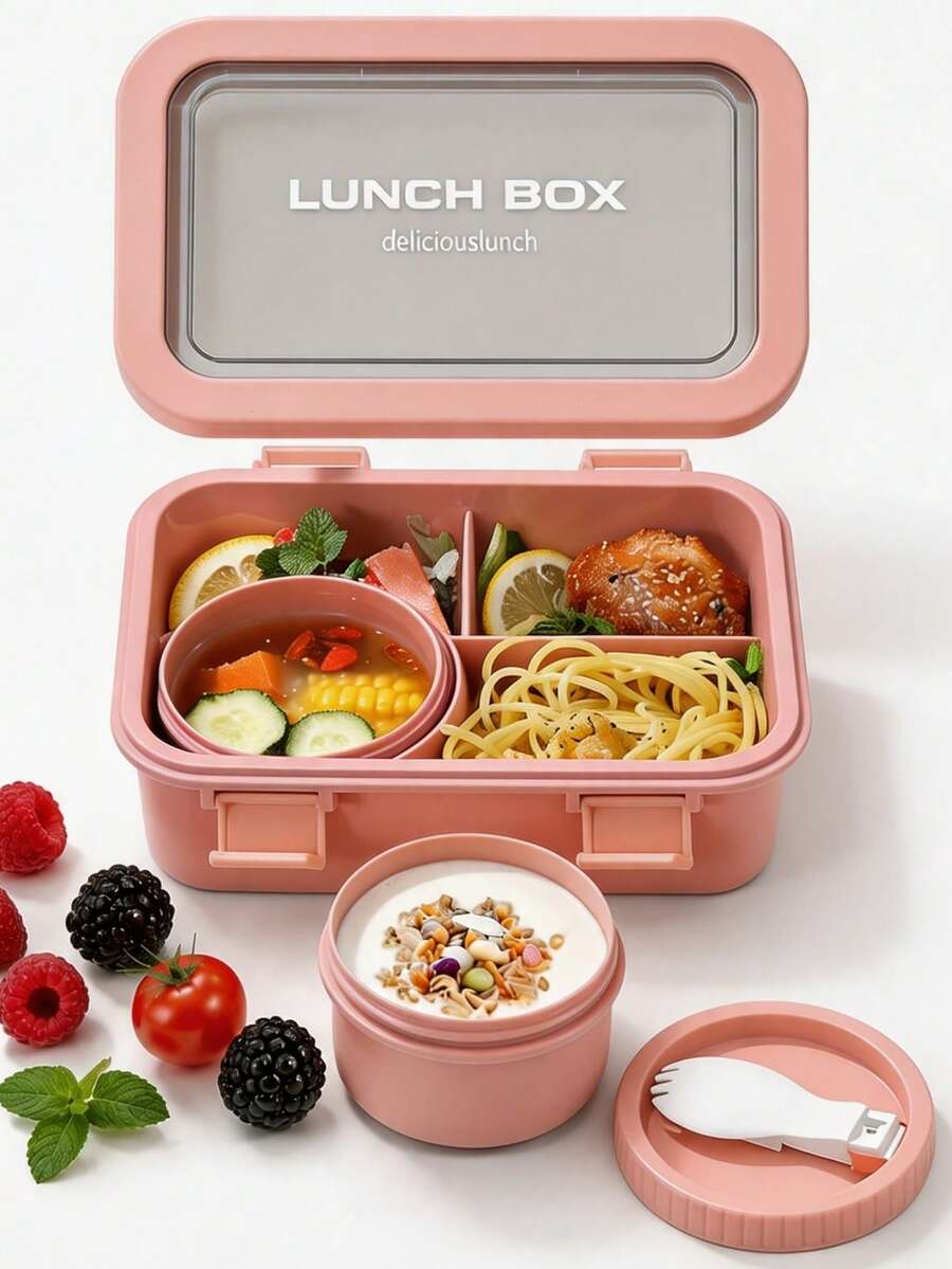 1pc Bento Box, Large Capacity Leak-Proof Lunch Box, 4-Compartment Meal Prep Container With Utensils & Soup Bowl, Microwave , Suitable For School, Work And Outdoor Dining, Back To School Essential