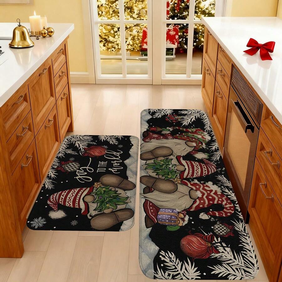 1/2/3pcs Christmas Theme Kitchen Rug, Flannel Kitchen Mat, Soft Comfortable Absorbent Non-Slip Machine Washable With Non-Slip Backing, Suitable For Multiple Scenes: Entrance, Living Room, Bedroom, Kitchen, Dining Room, Bathroom, Laundry Room, Hallway, Christmas Holiday Home Decor Floor Mat - Multicolor - View 1
