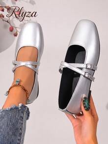 rlyza Cross Strap Mary Jane Flat Shoes For Women Square Toe Low Vamp Retro Niche Sweet Cool Style Versatile Shoes - Silver - View 1