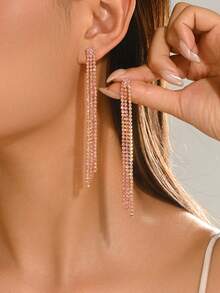1 Pair Minimalist Blue Rhinestone Tassel Earrings Suitable For Women's Party, Evening Gala, Stage Performance, Music Festival And Other Occasions - Pink - View 5